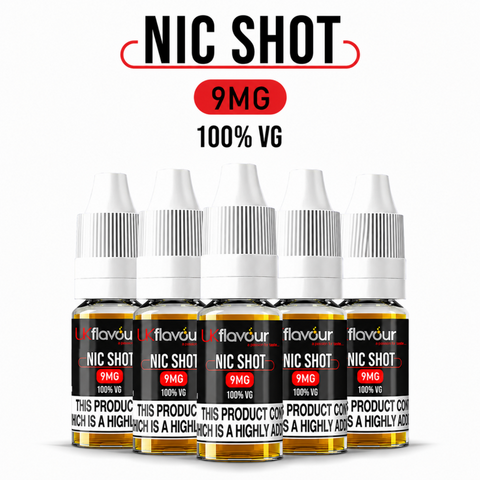 Five small e-liquid bottles labeled 'flavour nic shot 9MG 100% VG' arranged in a row on a white background, with large 'NIC SHOT 9MG 100% VG' text above them.