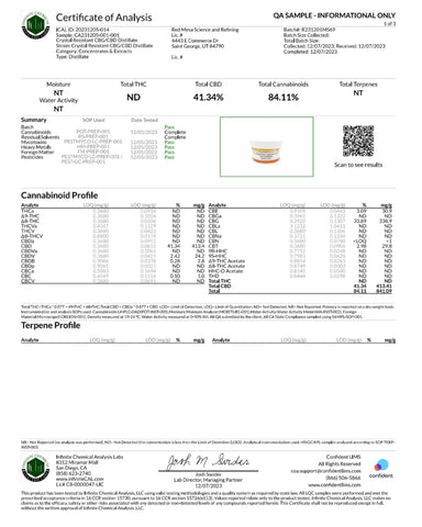 Broad Spectrum CBD/CBG Vape Cartridge 70.6% – Cannabis Derived Terpenes | 1ml