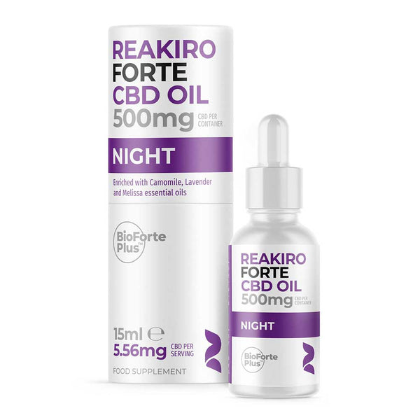 Reakiro Forte CBD Oil 500mg Night tincture shown with its white cylindrical packaging box and a clear glass dropper bottle on a white background.