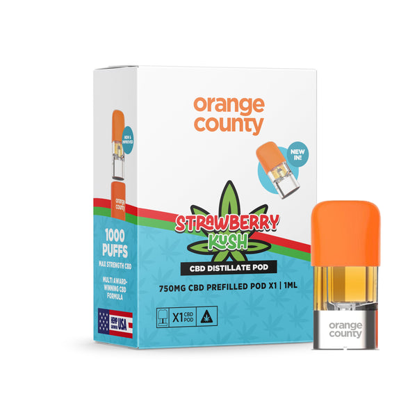 Orange County Strawberry Kush CBD distillate pod packaging on a white background